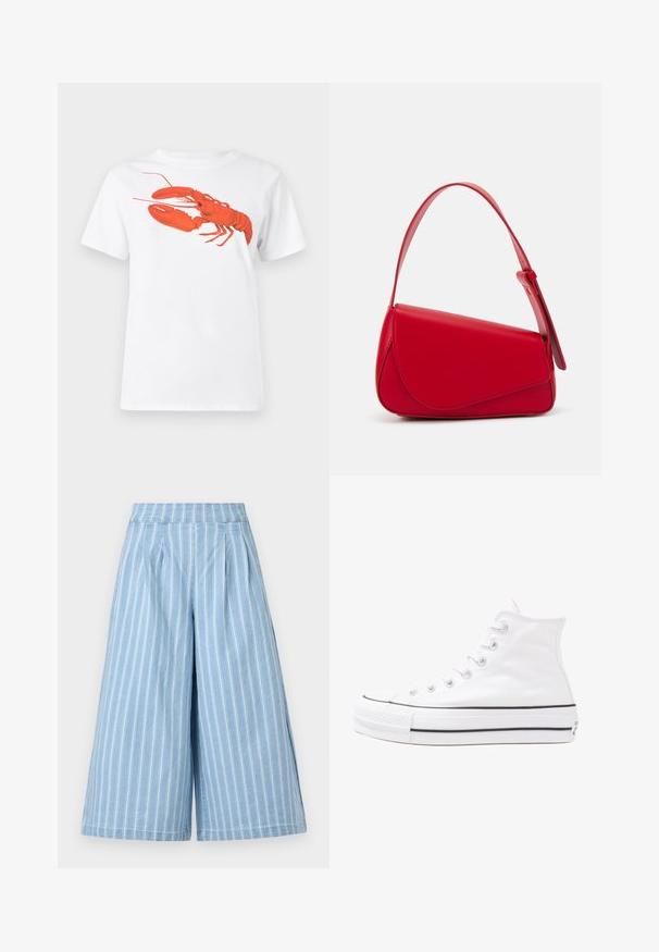 Tricou alb din bumbac, cu un grafic mare, viu colorat de homar roșu pe față. Mâneci scurte și un guler standard de tip crew neck.; Pantaloni largi de culoare albastru deschis, cu dungi verticale albe, având un față plisată și un brâu elastic. Textură moale de denim.; Adidași albi tip pantofi sport cu glezna din pânză, cu talpă din cauciuc negru, capac de vârf din cauciuc frontal și șase ochiuri pentru șireturi, având un design curat și minimalist.; Geantă de mână din piele roșie, cu un design unghiular și geometric. Dispune de o singură curea ajustabilă și un sistem de închidere cu clapetă, cu detalii cusute.