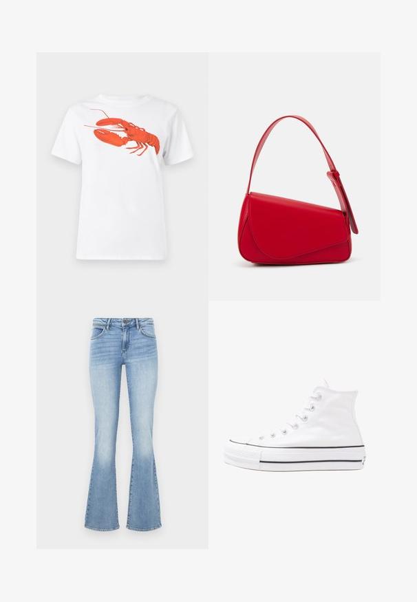 White cotton t-shirt featuring a large, bright red lobster graphic on the front. Short sleeves and standard crew neck design.; Light blue flared jeans made of denim. Features a traditional five-pocket design and a zip fly with a button closure. Faded effect on the thighs.; White high-top canvas sneaker with black rubber sole, front rubber toe cap, and six eyelets for laces, featuring a clean, minimalist design.; Red leather handbag with an angular, geometric design. Features a single adjustable strap and a flap closure with stitched detailing.