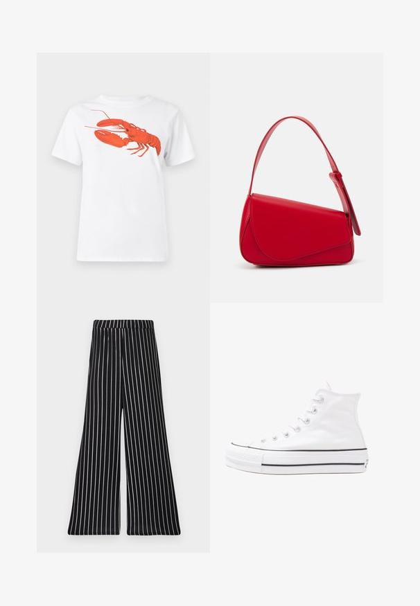 White cotton t-shirt featuring a large, bright red lobster graphic on the front. Short sleeves and standard crew neck design.; Black and white striped wide-leg pants with an elastic waistband, featuring vertical stripes in a soft, stretchy fabric.; White high-top canvas sneaker with black rubber sole, front rubber toe cap, and six eyelets for laces, featuring a clean, minimalist design.; Red leather handbag with an angular, geometric design. Features a single adjustable strap and a flap closure with stitched detailing.