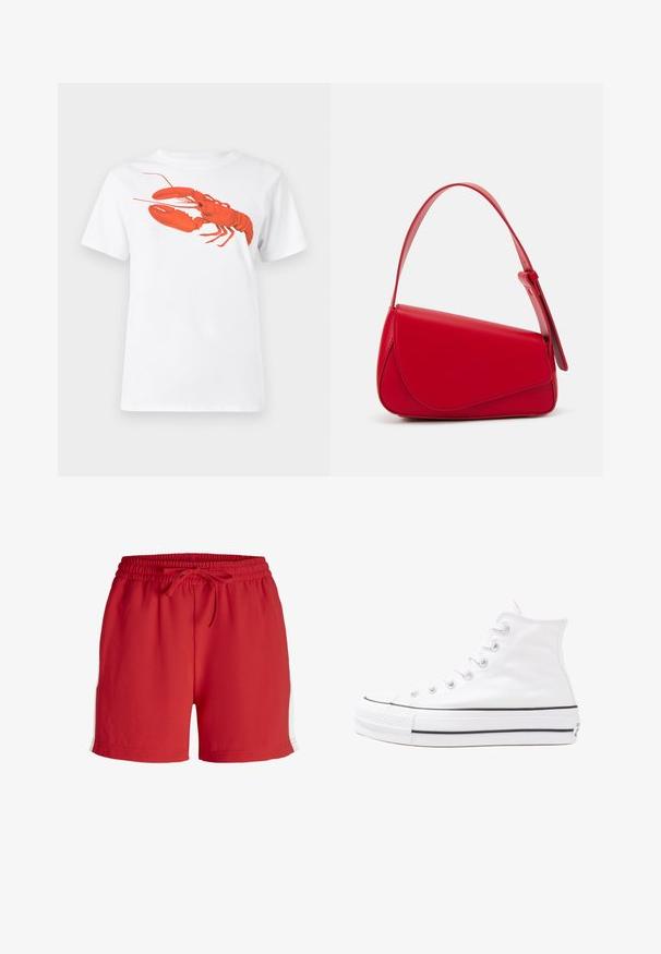 Balta kokvilnas T-krekls ar lielu, spilgti sarkanu omāru grafiku uz priekšu. Īsas piedurknes un standarta apļveida kakla dizains.; Sarkanas sporta šorti, kas izgatavoti no viegla materiāla, ar elastīgu jostasvietu un auklu, kā arī baltām sānu akcentiem.; Balti augstie kanvas sporta apavi ar melnu gumijas zoli, priekšējo gumijas purngalu un sešām acīm lencēm, kuriem ir tīrs, minimālistisks dizains.; Sarkans ādas rokassomi ar stūrainu, ģeometrisku dizainu. Iekļauj vienu regulējamu siksnu un vāku ar izšūtu detaļu.