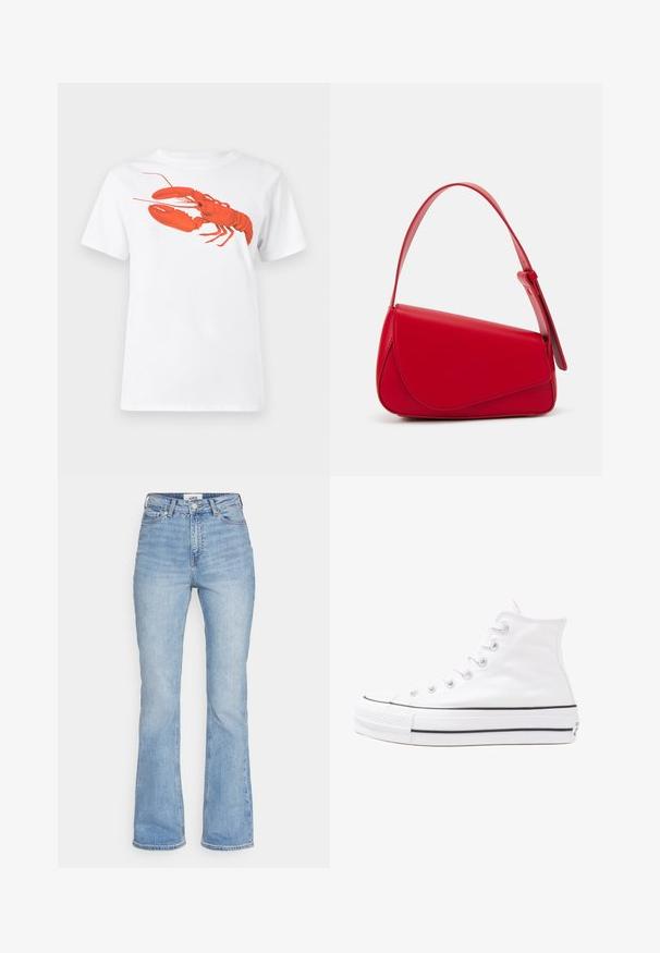 Biely bavlnený tričko s veľkým, jasne červeným grafickým zobrazením homára na prednej strane. Krátke rukávy a štandardný dizajn s okrúhlym výstrihom.; Svetlomodré rifľové zvonové nohavice s vysokým pásom, ktoré majú klasický dizajn s piatimi vreckami a viditeľné švy.; Biele vysoké plátené tenisky s čiernou gumovou podošvou, prednou gumovou špičkou a šiestimi okami na šnúrky, s čistým, minimalistickým dizajnom.; Červená kožená kabelka s ostrým, geometrickým dizajnom. Má jeden nastaviteľný popruh a uzatváranie na klopu so šitím.