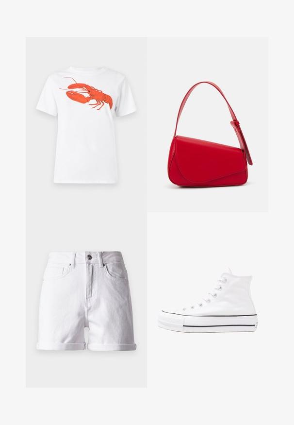 White cotton t-shirt featuring a large, bright red lobster graphic on the front. Short sleeves and standard crew neck design.; White denim shorts with a classic cut, featuring rolled hems, two front pockets, and a front button closure. Smooth texture.; White high-top canvas sneaker with black rubber sole, front rubber toe cap, and six eyelets for laces, featuring a clean, minimalist design.; Red leather handbag with an angular, geometric design. Features a single adjustable strap and a flap closure with stitched detailing.