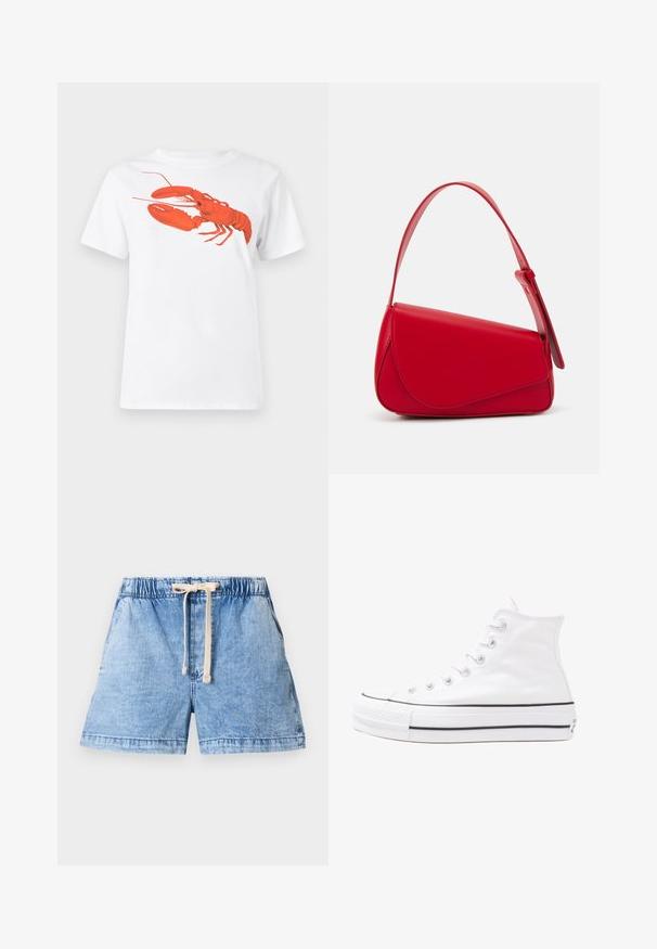 Tricou alb din bumbac, cu un grafic mare, viu colorat de homar roșu pe față. Mâneci scurte și un guler standard de tip crew neck.; Șorturi din denim de un albastru deschis, cu un elastic în talie și detalii cu șnur. Dispun de două buzunare laterale și un tiv drept.; Adidași albi tip pantofi sport cu glezna din pânză, cu talpă din cauciuc negru, capac de vârf din cauciuc frontal și șase ochiuri pentru șireturi, având un design curat și minimalist.; Geantă de mână din piele roșie, cu un design unghiular și geometric. Dispune de o singură curea ajustabilă și un sistem de închidere cu clapetă, cu detalii cusute.