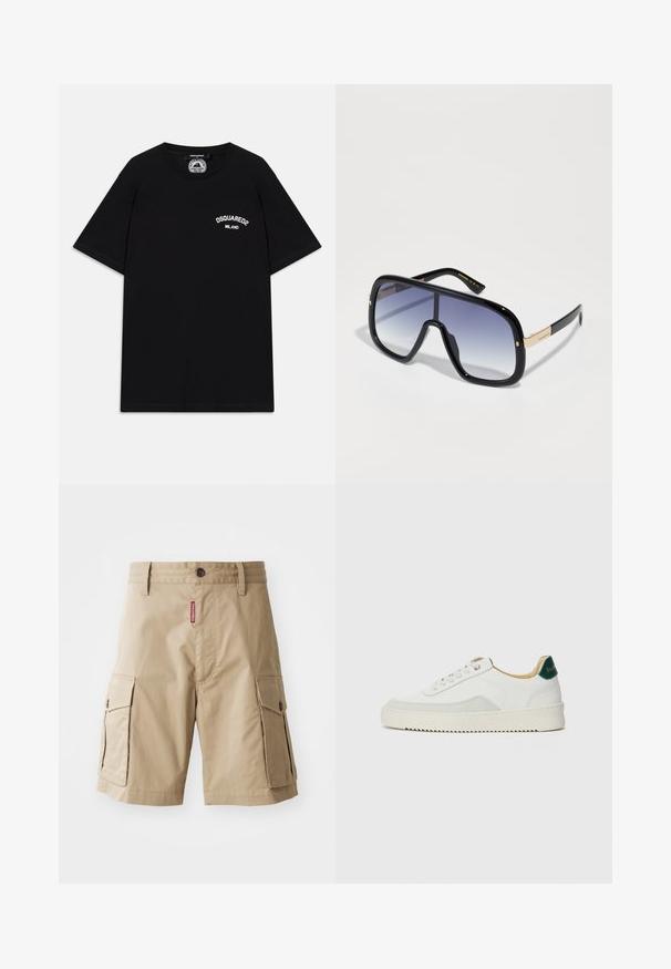 Black cotton T-shirt with short sleeves, featuring white "DSQUARED2 MILANO" logo on the chest. Crew neck design, smooth texture.; Beige cargo shorts made of cotton blend, featuring two side pockets, a button closure, and a red label sewn on the front.; White sneaker with suede accents, rounded toe, flat laces, and a cream rubber sole. Features green branding on the heel.; Oversized black sunglasses with a gradient purple lens, glossy finish, and gold accents on the temple. Rectangular frame shape.
