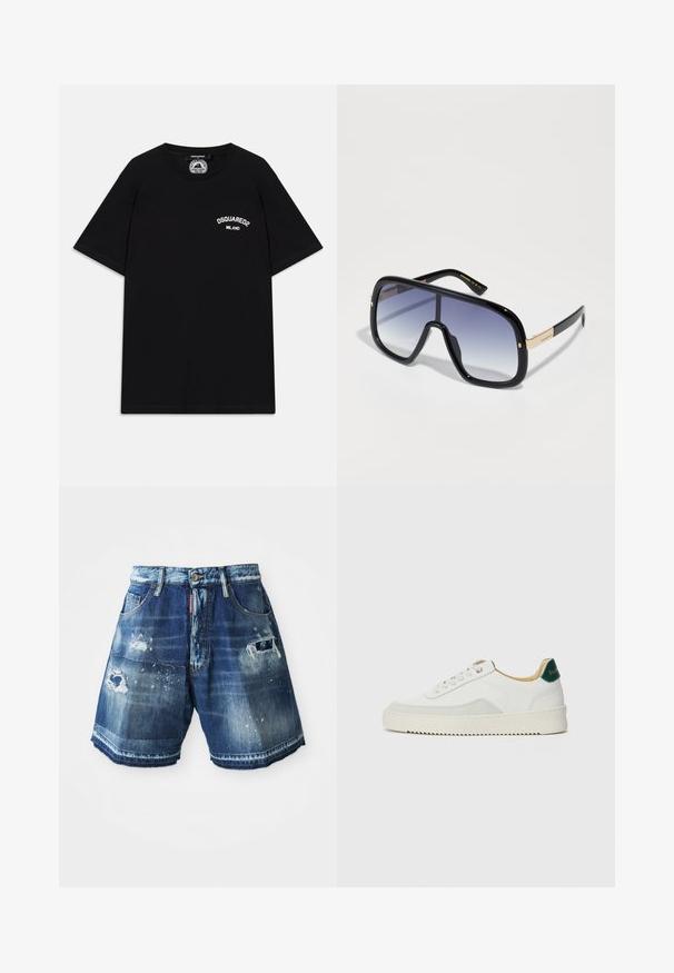 Čierne bavlnené tričko s krátkymi rukávmi, s bielym logom "DSQUARED2 MILANO" na hrudi. Design s okrúhlym výstrihom, hladká textúra.; Džínsy šortky v tmavomodrej farbe s poškodenými detailmi. Majú strapcové okraje, vrecká a zapínanie na gombík. Variácie prania po celom materiáli.; Biele tenisky s semišovými akcentmi, zaoblenou špičkou, plochými šnúrkami a krémovou gumovou podrážkou. Na päte sú zelené značky.; Prehnané čierne slnečné okuliare so gradientnými fialovými sklami, lesklým povrchom a zlatými akcentmi na ráme. Rám je obdĺžnikového tvaru.