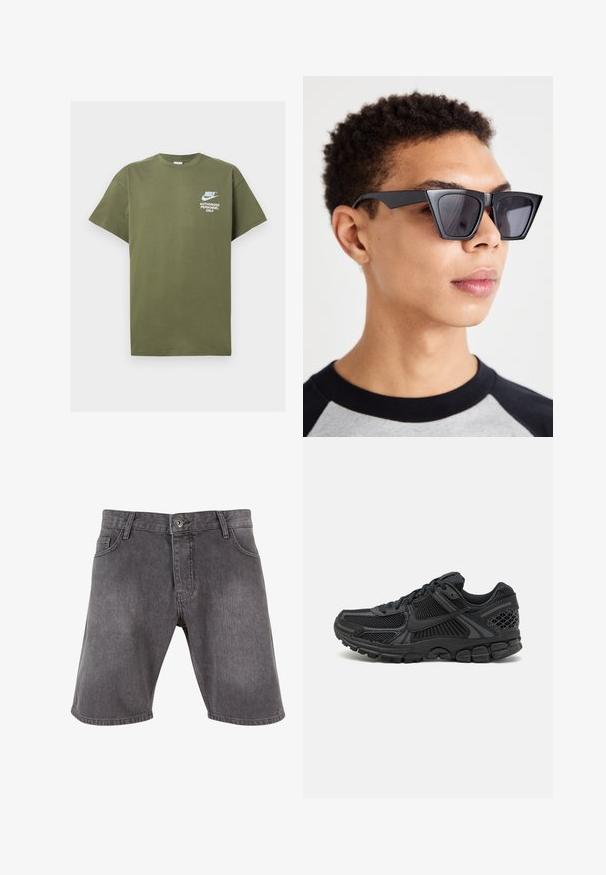 Camiseta de algodón verde oliva con mangas cortas, cuello redondo y texto impreso en blanco: "PERSONAL AUTORIZADO DE NIKE" en la parte delantera.; Pantalones cortos de mezclilla gris oscuro con un diseño recto, bolsillos frontales y cierre de botón en la parte delantera. Presenta una textura sutil y detalles de costura superior.; Zapatilla deportiva negra con parte superior de malla, suela de goma y acentos texturizados. El diseño incluye un sistema de lazado pronunciado y una suela acolchada.; Gafas de sol negras angulares con lentes oscuros, que presentan un diseño geométrico audaz y un acabado mate. Llevadas por una persona con cabello corto.