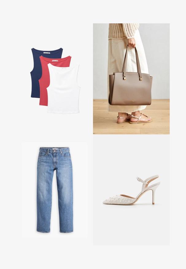 Három ujjatlan trikó: sötétkék, piros és fehér. Puha, rugalmas szövet, kerek nyakkivágással és klasszikus szabással.; Világoskék farmernadrág egyenes szárú szabással, öt zsebbel és cipzáras záródással. Az anyag klasszikus textúrájú, enyhén kopott felülettel rendelkezik.; Stuart Weitzman BLISS - Menyasszonyi cipők - cream/natural; Barna szintetikus tote táska két hosszú füllel, négyzet alakú fém díszítésekkel és diszkrét logóval. Világos krém szoknyával és szandálokkal viselve.