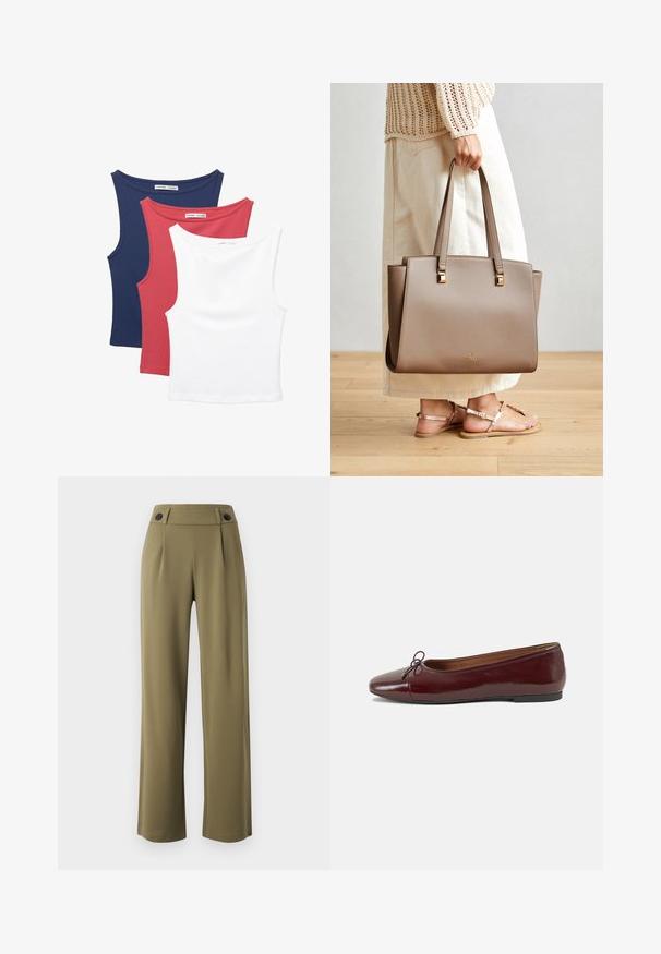 Három ujjatlan trikó: sötétkék, piros és fehér. Puha, rugalmas szövet, kerek nyakkivágással és klasszikus szabással.; Olíva zöld, bő szárú nadrág magas derékkal, két fekete gombbal a derékrészen és elülső redőkkel. Simább szövettextúra.; Burgundi lakkbőr balettcipő kerek orral, elöl kis masni díszítéssel és alacsony, fekete gumi talppal. Simára csiszolt felület.; Barna szintetikus tote táska két hosszú füllel, négyzet alakú fém díszítésekkel és diszkrét logóval. Világos krém szoknyával és szandálokkal viselve.