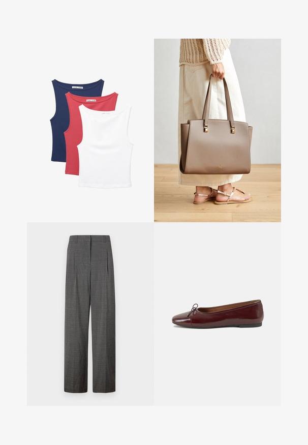Kolme hihattomaa toppia: tummansininen, punainen ja valkoinen. Pehmeä, joustava kangas, jossa pyöreät kaula-aukot ja klassinen leikkaus.; Vero Moda VMSIKITA WIDE DAD PANT - Housut - medium grey/black; Burgundin värinen lakattu nahkainen ballerinatossu pyöreällä varvaskärjellä, pienen nauhan yksityiskohdalla edessä ja matalalla mustalla kumipohjalla. Sujuva pinta.; Ruskea synteettinen käsilaukku, jossa on kaksi pitkää kahvaa, neliömäiset metallikoristeet ja hillitty logo. Yhdistetty vaalean kermaiseen hameeseen ja sandaaleihin.
