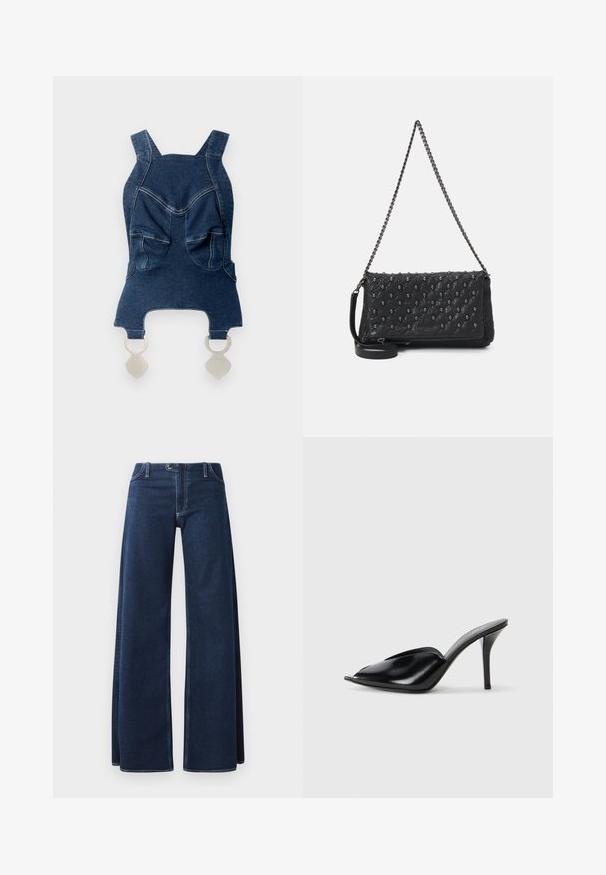 Top de ganga com alças largas, dois bolsos frontais, um decote em curva e detalhes prateados na parte inferior para fecho.; Calças de ganga de perna larga em azul escuro com costura visível, bolsos frontais e fecho de botão. Feitas de um tecido de ganga resistente.; Mules de salto alto em couro preto, com ponta aberta, design pontudo, textura suave e um salto fino tipo stiletto.; Bolsa de couro preta acolchoada com uma alça de corrente, apresentando detalhe de caveiras e fecho em zíper. Superfície texturizada com um acabamento brilhante.
