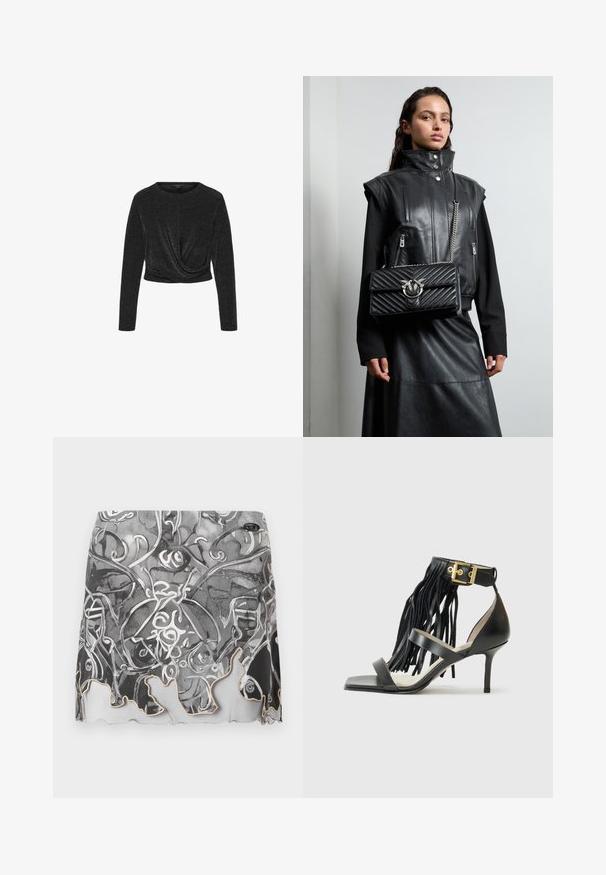 Melnā īsā piedurkņu blūze, izgatavota no metāliskas auduma. Ievērojama ar apaļu kakla izgriezumu un savītu dizainu priekšpusē. Gluda tekstūra.; Melnā un baltā krāsā rakstota mini svārku ar abstraktiem dizainiem, viļņotu malu un gludu auduma textūru ar delikātu spīdumu.; Melna augsta papēža sandaļa ar frēzēšanas detaļām, potītes siksniņa ar zelta elementiem, plakans kvadrāta purngals un divas krustojošas siksnas pār vampu.; Melnas ādas veste ar augstu apkakli, ar rāvējslēdzēja kabatām un melnu, kubelētu rokassomu ar sudraba detaļām, valkāta ar garu melnu svārku.