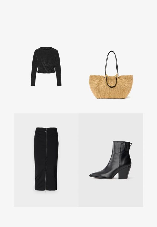Svart kortärmad topp med långa ärmar i ett metalliskt tyg. Har en rund halsringning och en vriden design framtill. Slät textur.; Svart pennkjol i stretchy tyg, med dragkedja fram och rynkade detaljer vid midjan, slät textur och knälång design.; Svarta läderankelstövlar med spetsig tå, texturerad ovandel och kraftig hög klack. Har en elastisk panel på sidan för enkel påtagning.; Vävd halm tote-väska i beige, med svarta läderhandtag och silverfärgad hårdvara. Rymlig, böjd form med texturerad yta.