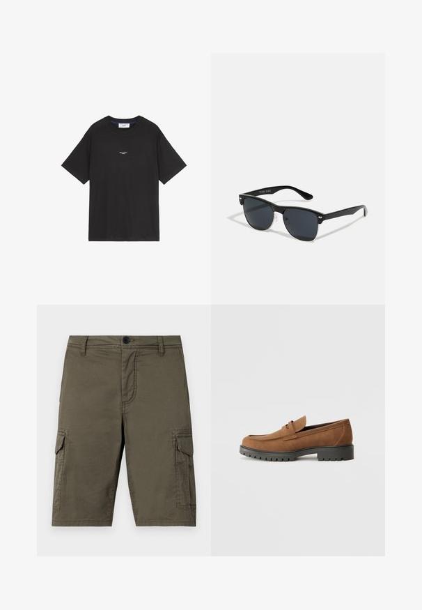 Zwarte katoenen T-shirt met een ronde hals en korte mouwen. Beschikt over een klein wit logo op de voorkant. Eenvoudig ontwerp, relaxed fit.; Olijfgroene cargoshorts van textuurstof met twee zijzakken en een frontsluiting met knoop. Halflang met rechte snit.; Bruine suede instappers met een ronde neus en een lage zwarte rubberen zool, met een decoratieve band en stiksel details op het bovenwerk.; Zwarte zonnebril met een rechthoekige vorm, donkere lenzen, zilveren accenten bij de slapen en een matte afwerking op het montuur.