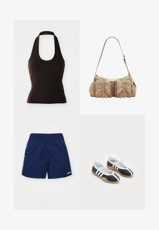 Černý halter top vyrobený z měkké látky, s širokým kulatým výstřihem a slim-fit siluetou, bez dalších vzorů nebo ozdob.; Tmavě modré kraťasy s elastickým pasem, na bocích se barevnými květinovými pruhy a malým bílým logem na dolním lemu.; Černobílé sportovní boty s elegantním designem, gumovou podešví, šněrováním a třemi bílými pruhy po stranách.; Beige semišová kabelka zaobleného tvaru, která má na přední straně tři nařasené kapsy a jediné nastavitelné ucho.