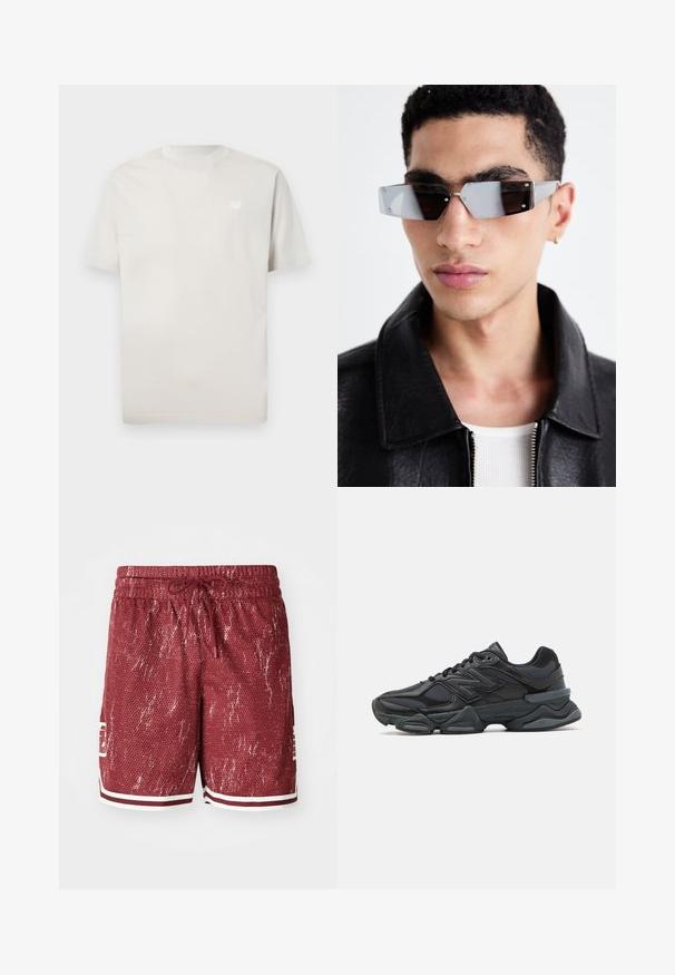 New Balance ESSENTIALS - Basic T-shirt - grey; Red mesh shorts with a textured pattern, white accents, and a drawstring waist. Features side pockets and a logo on the left leg.; Black running shoe featuring a mix of mesh and synthetic materials, chunky sole, curved design, and prominent branding on the side.; Angular gray-tinted sunglasses with silver hardware, set against a light background. The lenses feature a unique geometric shape.