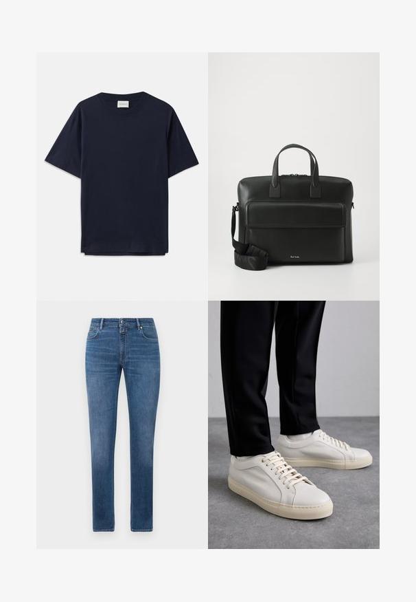 Tamno plava pamukasta majica s kratkim rukavima, okruglim izrezom i opuštenim krojem. Oznaka na izrezu kaže "CLOSED". Glatka tekstura.; Plave traperice ravnog kroja s prednjim gumbom, zatvaranjem na patentni zatvarač i pet džepova, prikazane na bijeloj pozadini.; Svijetlosmeđi kožni tenisice s ravnim vezicama, teksturiranom površinom i kontrastnom kremasto bijelom gumom potplatom, uparene s crnim suženim hlačama.; Crna kožna aktovka s dvije gornje drške, prednjim džepom i sklopivim remenom, s suptilnim brandingom na dnu.