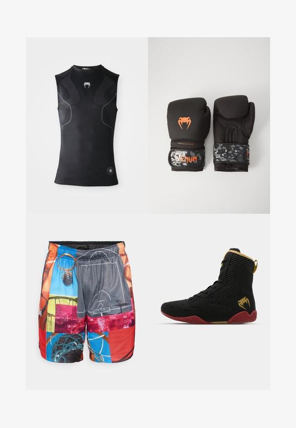 Ärmös svart sportkompressionsskjorta med subtila mönstrade paneler, liten vit orm-logotyp på bröstet och cirkulärt märke vid fållen.; Meshbasket shorts med en flerfärgad lapptäckedesign med bilder av basketbollar, korgar och planer; elastisk midja med dragsko.; Höga sportskor i svart mesh och syntetmaterial, med texturerade detaljer, röd gummisula och gulddetaljer vid ankeln.; Svarta boxningshandskar med matt yta och ergonomisk design. Orange logotypdetaljering och handledsremmar med kamouflage-mönster.
