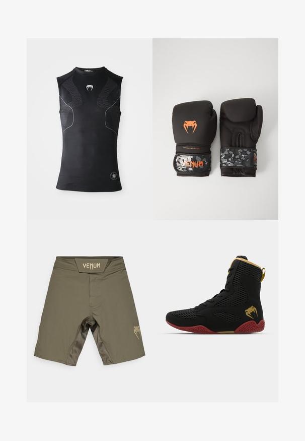 Mustaton urheilullinen kompressiotoppi ilman hihoja, jossa on hienovaraiset kuvioidut paneelit, pieni valkoinen käärmelogo rinnassa ja pyöreä emblem alhaalla.; Vihreät Venum-shortsit oliivinvärisessä joustavassa kankaassa. Vasemmassa lahkeessa on kultainen logo ja leveä vyötärö vyötärön mukavuuden takaamiseksi.; Korkokenkä urheilukenkä, jossa on mustaa verkkoa ja synteettistä materiaalia, teksturoituja yksityiskohtia, punainen kumipohja ja kultaiset yksityiskohdat nilkassa.; Mustat nyrkkeilyhanskat, joissa on mattapinta ja ergonominen muotoilu. Oranssit logot yksityiskohtina ja maastokuvioidut rannekkeen hihnat.