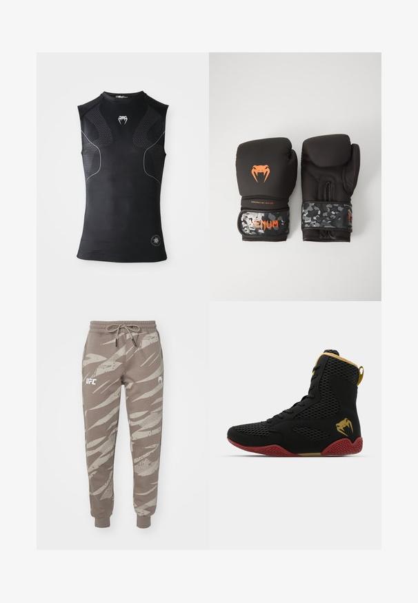 Käteta must sportlik kompressioonipusa, millel on peened mustrilised paneelid, väike valge madu logo rinnal ja ümmargune embleem hemmi lähedal.; Venum UFC FIGHT WEEK 3.0 JOGGERS - Dresside alumine osa - desert; Korkeatutine sportlik king, musta võrkkangaga ja sünteetilisest materjalist, tekstuursete detailidega, punase kummitaldiga ja kuldsete aktsentidega pahkluu piirkonnas.; Mustavad krossimise kinnased, millel on mati viimistlusega ja ergonoomiline disain. Oranž logo detail ja kamuflaažimuster randmetrasside peal.