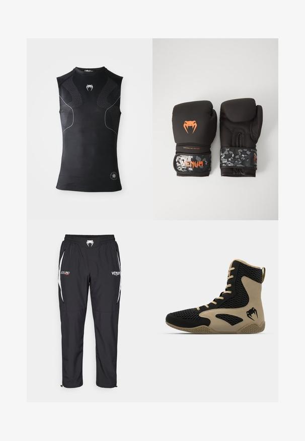 Ujjatlan fekete sportkompressziós póló finom mintás panelekkel, kis fehér kígyó logóval a mellkason és kör alakú emblémával az alján.; Fekete sportnadrág, könnyű anyagból, fehér díszítéssel, rugalmas derékkal és oldalsó zsebekkel. Logók láthatók rajta.; Felsőrészes sportcipő fekete hálós külsővel, bézs dzsungelrészletekkel. Texturált gumitalp és logó részlet az oldalon.; Fekete bokszkesztyűk matt felülettel és ergonómikus kialakítással. Narancssárga logó részletek és álcázó mintázatú csuklóhevederek.