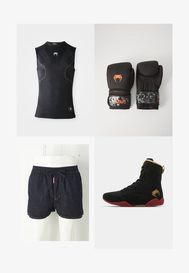 Camiseta de compresión atlética negra sin mangas con paneles con un patrón sutil, pequeño logo de serpiente blanca en el pecho y un emblema circular cerca del dobladillo.; Pantalones cortos de denim azul oscuro con cinturilla elástica, cordón y costuras amarillas contrastantes. Presenta una etiqueta de marca en la parte delantera.; Zapatilla deportiva alta de malla negra y material sintético, con acentos texturizados, suela de goma roja y detalles en dorado en el tobillo.; Guantes de boxeo negros con acabado mate y diseño ergonómico. Detalles del logo en naranja y tiras de muñeca con patrón de camuflaje.