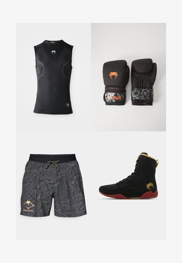 Sleeveless black athletic compression shirt with subtle patterned panels, small white snake logo on chest, and circular emblem near hem.; Black shorts with a textured pattern of gray waves and dotted accents. Features a black elastic waistband with a yellow drawstring and logo.; High-top athletic shoe with black mesh and synthetic material, textured accents, red rubber sole, and gold detailing on the ankle.; Black boxing gloves with a matte finish and ergonomic design. Orange logo detailing and camouflage-patterned wrist straps.