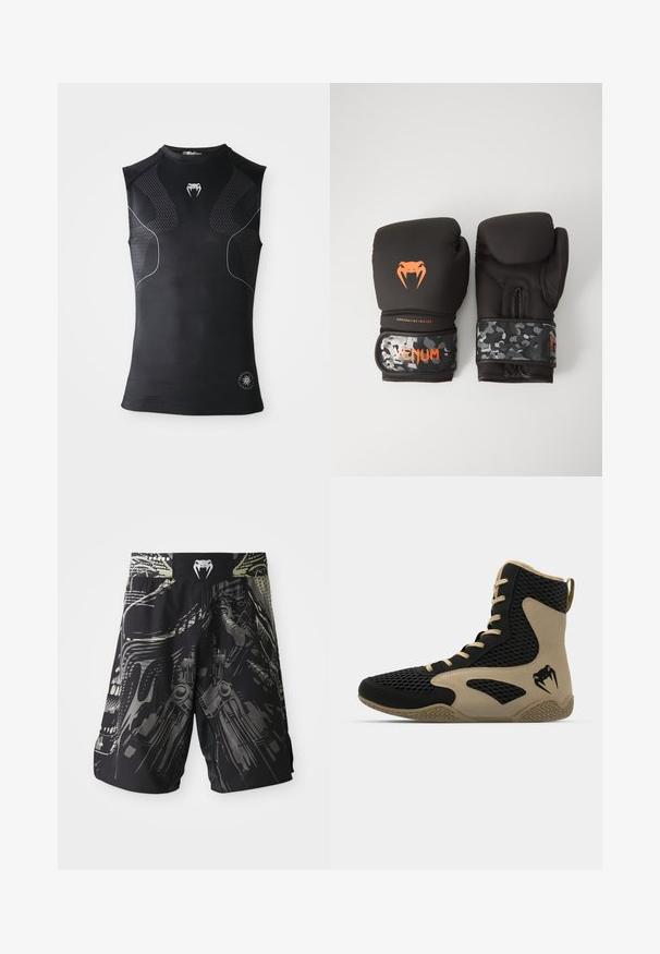 Sleeveless black athletic compression shirt with subtle patterned panels, small white snake logo on chest, and circular emblem near hem.; Black shorts with a multi-tonal graphic print featuring mechanical designs. Elastic waistband with a logo at the back. Lightweight fabric.; High-top athletic shoe featuring a black mesh exterior with beige accents. Textured rubber sole and logo detail on the side.; Black boxing gloves with a matte finish and ergonomic design. Orange logo detailing and camouflage-patterned wrist straps.