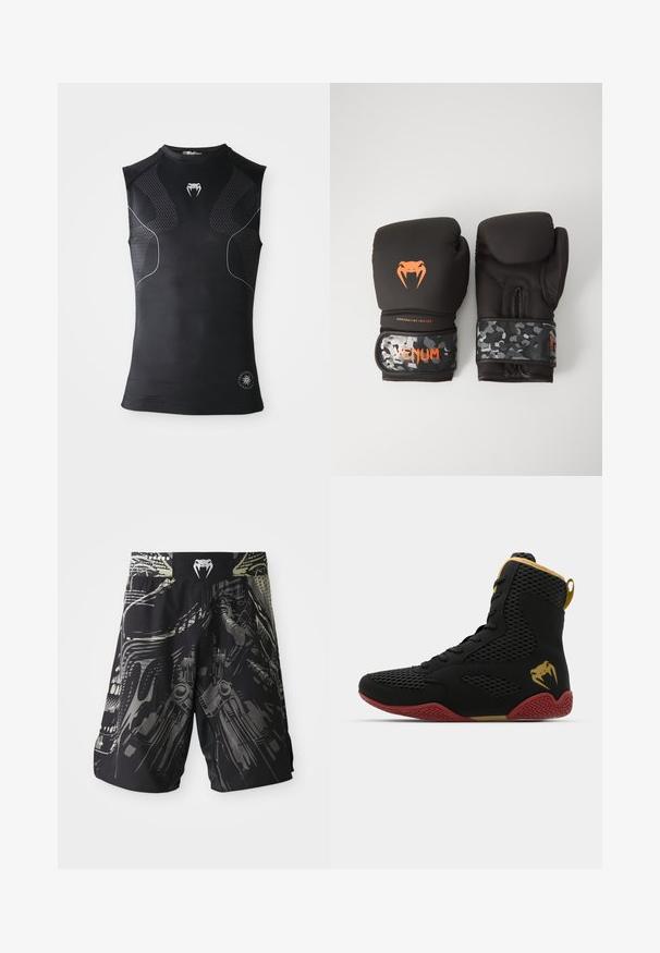 Sleeveless black athletic compression shirt with subtle patterned panels, small white snake logo on chest, and circular emblem near hem.; Black shorts with a multi-tonal graphic print featuring mechanical designs. Elastic waistband with a logo at the back. Lightweight fabric.; High-top athletic shoe with black mesh and synthetic material, textured accents, red rubber sole, and gold detailing on the ankle.; Black boxing gloves with a matte finish and ergonomic design. Orange logo detailing and camouflage-patterned wrist straps.