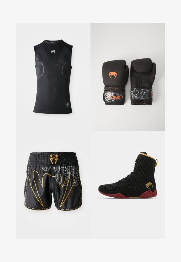 Ärmös svart sportkompressionsskjorta med subtila mönstrade paneler, liten vit orm-logotyp på bröstet och cirkulärt märke vid fållen.; Svart idrottsbyxor med en strukturerad mönster, prydda med gyllene accenter, en logotyp-, och kontrasterande sömmar. Elastisk midja med varumärke.; Höga sportskor i svart mesh och syntetmaterial, med texturerade detaljer, röd gummisula och gulddetaljer vid ankeln.; Svarta boxningshandskar med matt yta och ergonomisk design. Orange logotypdetaljering och handledsremmar med kamouflage-mönster.