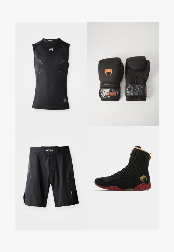 Tricou de compresie sportiv negru fără mâneci, cu panouri cu un model subtil, mic logo alb în formă de șarpe pe piept și un emblemă circulară aproape de margine.; Shorts sportive negre Venum cu talie lată, închidere cu arici și accente subtile gri pe laterale și zona inferioară a piciorului.; Shoe sportiv înalt, realizat din plasă neagră și material sintetic, cu accente texturate, talpă din cauciuc roșu și detalii aurii la glezna.; Mănuși de box negre cu un finisaj mat și design ergonomic. Detalii cu logo portocaliu și curele pentru încheietură cu model de camuflaj.