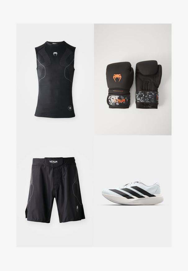 Tricou de compresie sportiv negru fără mâneci, cu panouri cu un model subtil, mic logo alb în formă de șarpe pe piept și un emblemă circulară aproape de margine.; Shorts sportive negre Venum cu talie lată, închidere cu arici și accente subtile gri pe laterale și zona inferioară a piciorului.; Pantofi de alergare ușori în albastru deschis cu dungi negre. Au un superior neted, vârf rotund și o intermediară groasă albă etichetată "LIGHTSTRIKE PRO."; Mănuși de box negre cu un finisaj mat și design ergonomic. Detalii cu logo portocaliu și curele pentru încheietură cu model de camuflaj.
