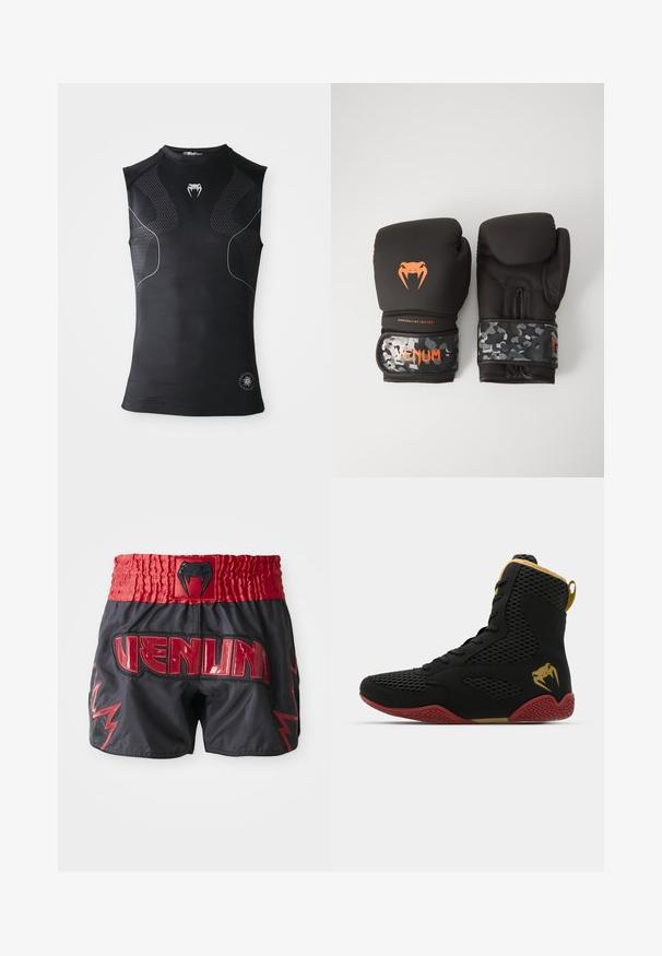 Juodas be rankovių sportinis kompresinis marškinėlis su subtiliais raštuotais intarpais, mažas baltas gyvatės logotipas ant krūtinės ir apvalus emblema prie hem.; Juodi šortai su raudona elastine juosta; turi "VENUM" logotipą ir raudonus žaibo akcentus, pagaminti iš lengvos, sklandžios medžiagos.; Juodos tinklelio ir sintetinės medžiagos aukštakulniai sportiniai bateliai su tekstūruotomis detalėmis, raudonu guminio pado ir auksinėmis akcentais ant kulkšnies.; Juodi bokso pirštinės su matinio paviršiaus apdaila ir ergonomišku dizainu. Oranžinės logotipo detalės ir kamufliažo rašto riešo diržai.