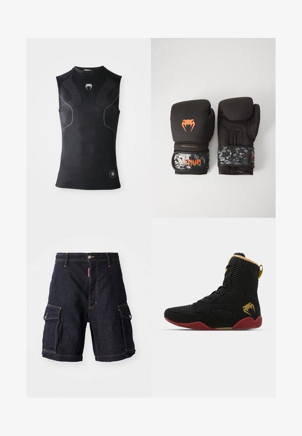 Maillot de compression sans manches noir avec des panneaux à motifs subtils, petit logo serpent blanc sur la poitrine et emblème circulaire près de l'ourlet.; Shorts cargo en denim bleu foncé avec plusieurs poches latérales, coutures jaunes et une taille à boutons. Le matériau est robuste et durable.; Baskets montantes en mesh noir et matériau synthétique, avec des accents texturés, une semelle en caoutchouc rouge et des détails dorés sur la cheville.; Gants de boxe noirs avec une finition mate et un design ergonomique. Détails de logo orange et bandes de poignet à motif camouflage.
