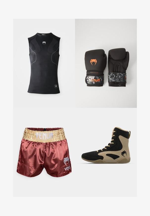 Camisola atlética compressora sem mangas preta com painéis de padrão discreto, pequeno logótipo de cobra branca no peito e emblema circular perto da bainha.; Calções de boxe de cetim bordeaux com um cós elástico dourado, apresentando um proeminente logótipo prateado "VENUM" e um pequeno logótipo na parte inferior.; Sapatilha desportiva de cano alto com um exterior em malha preta e detalhes em bege. Sola de borracha texturada e detalhe do logótipo na lateral.; Luvas de boxe pretas com acabamento mate e design ergonómico. Detalhes do logótipo em laranja e tiras de pulso com padrão de camuflagem.