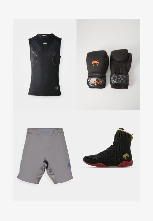 Camisola atlética compressora sem mangas preta com painéis de padrão discreto, pequeno logótipo de cobra branca no peito e emblema circular perto da bainha.; Calções cinzentos feitos de material respirável, com um logotipo da Venum em azul no lado esquerdo e uma cintura texturizada para um ajuste seguro.; Sapatilha desportiva de cano alto com malha preta e material sintético, detalhes texturizados, sola de borracha vermelha e acabamentos dourados no tornozelo.; Luvas de boxe pretas com acabamento mate e design ergonómico. Detalhes do logótipo em laranja e tiras de pulso com padrão de camuflagem.