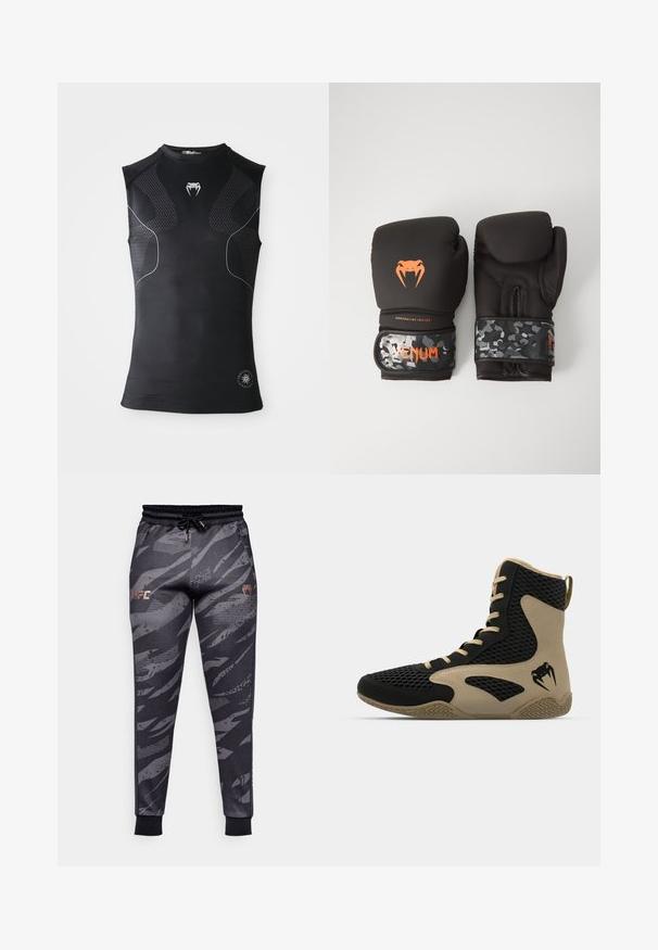 Käteta must sportlik kompressioonipusa, millel on peened mustrilised paneelid, väike valge madu logo rinnal ja ümmargune embleem hemmi lähedal.; Venum UFC FIGHT WEEK JOGGERS - Dresside alumine osa - urban camo; Korkeatoimelise spordijalanõud musta võrkmaterjaliga, millel on beežid accentsid. Tekstureeritud kummist tallad ja logodetail küljepeal.; Mustavad krossimise kinnased, millel on mati viimistlusega ja ergonoomiline disain. Oranž logo detail ja kamuflaažimuster randmetrasside peal.