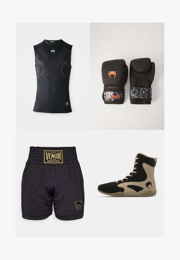 Juodas be rankovių sportinis kompresinis marškinėlis su subtiliais raštuotais intarpais, mažas baltas gyvatės logotipas ant krūtinės ir apvalus emblema prie hem.; Juodi bokso šortai su tekstūruota elastinga juosta, pasižymintys ryškiu auksiniu „Venum Pro Boxing“ žymėjimu ir gyvatės logotipu ant kojos.; Aukštesni sportiniai batai, turintys juodą tinklinį paviršių su smėlio spalvos akcentais. Tekstūruota gumos pašiūrė ir logotipo detalė šonėje.; Juodi bokso pirštinės su matinio paviršiaus apdaila ir ergonomišku dizainu. Oranžinės logotipo detalės ir kamufliažo rašto riešo diržai.