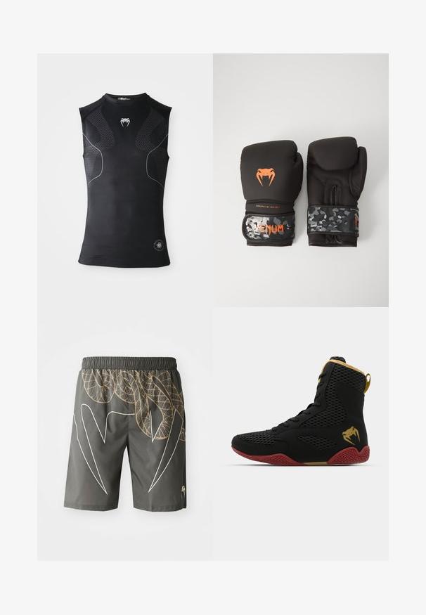 Tricou de compresie sportiv negru fără mâneci, cu panouri cu un model subtil, mic logo alb în formă de șarpe pe piept și un emblemă circulară aproape de margine.; Pantaloni sport gri cu un model de piele de șarpe, în accente de bej și alb. Talie elastică, lungime până la genunchi, material ușor.; Shoe sportiv înalt, realizat din plasă neagră și material sintetic, cu accente texturate, talpă din cauciuc roșu și detalii aurii la glezna.; Mănuși de box negre cu un finisaj mat și design ergonomic. Detalii cu logo portocaliu și curele pentru încheietură cu model de camuflaj.