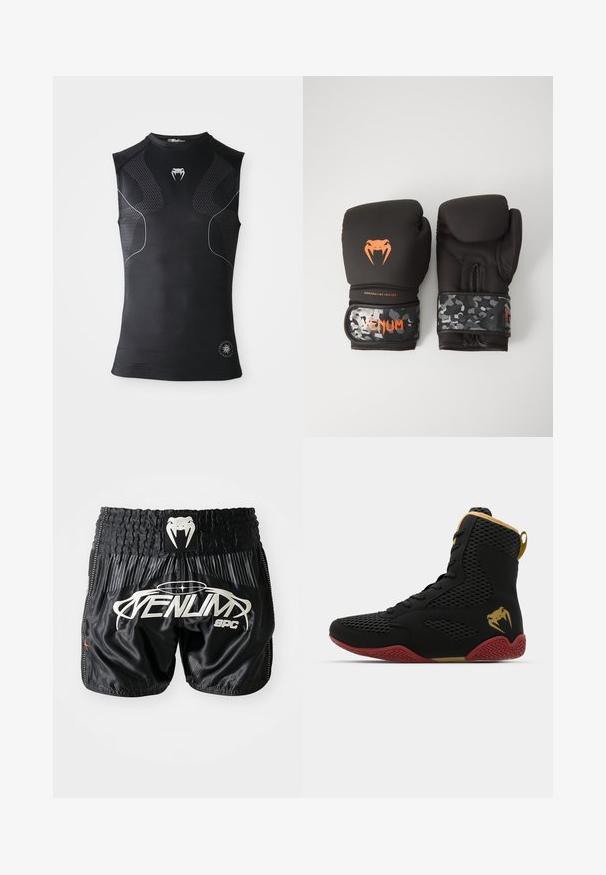 Ermeløs svart atletisk kompresjons skjorte med subtile mønstrede paneler, lite hvitt slange-logo på brystet, og sirkulært emblem nær kanten.; Sorte satengshorts med en teksturert elastisk midjebånd, hvit merking og subtile prikkemønstre på den nedre delen.; Høy topp idrettssko med svart mesh og syntetisk materiale, teksturerte detaljer, rød gummisåle og gullfarge på ankelen.; Svarte boksinghansker med matt finish og ergonomisk design. Oransje logo-detaljer og håndleddsstropper med kamuflasjemønster.