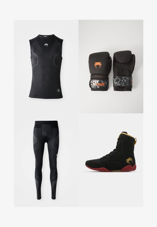 Majica bez rukava za sport iz crnog kompresivnog materijala s diskretnim uzorkom, mali bijeli logotip zmije na prsima i okrugli simbol blizu rubova.; Crne atletske tajice od rastezljivog materijala, s širokim pojasom, mrežastim panelima i reflektirajućim detaljima sa strane.; Visoka atletska obuća s crnom mrežicom i sintetičkim materijalom, teksturiranim detaljima, crvenom gumiranom potplatom i zlatnim ukrasima na članku.; Crne kutije rukavice s mat površinom i ergonomskim dizajnom. Narančasti logotip i naramenice uzorak kamuflaže.