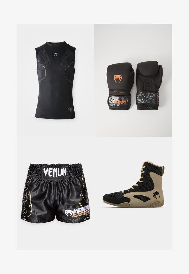 Ärmös svart sportkompressionsskjorta med subtila mönstrade paneler, liten vit orm-logotyp på bröstet och cirkulärt märke vid fållen.; Svarta träningsshorts i satin med elastisk midjeresår, med gula och vita flamdesigns samt "VENUM"-märkning på fram- och sidorna.; Högskuren спортивна sko med en svart nätutsida och beige accenter. Texturerad gummisula och logodetalj på sidan.; Svarta boxningshandskar med matt yta och ergonomisk design. Orange logotypdetaljering och handledsremmar med kamouflage-mönster.