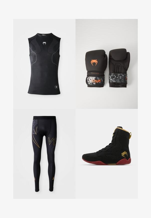 Mustaton urheilullinen kompressiotoppi ilman hihoja, jossa on hienovaraiset kuvioidut paneelit, pieni valkoinen käärmelogo rinnassa ja pyöreä emblem alhaalla.; Mustat urheilulegginsit, joissa on sileä pinta, kultaiset yksityiskohdat ja graafinen kuvasto lahkeissa. Joustava vyötärö mukavuutta varten.; Korkokenkä urheilukenkä, jossa on mustaa verkkoa ja synteettistä materiaalia, teksturoituja yksityiskohtia, punainen kumipohja ja kultaiset yksityiskohdat nilkassa.; Mustat nyrkkeilyhanskat, joissa on mattapinta ja ergonominen muotoilu. Oranssit logot yksityiskohtina ja maastokuvioidut rannekkeen hihnat.