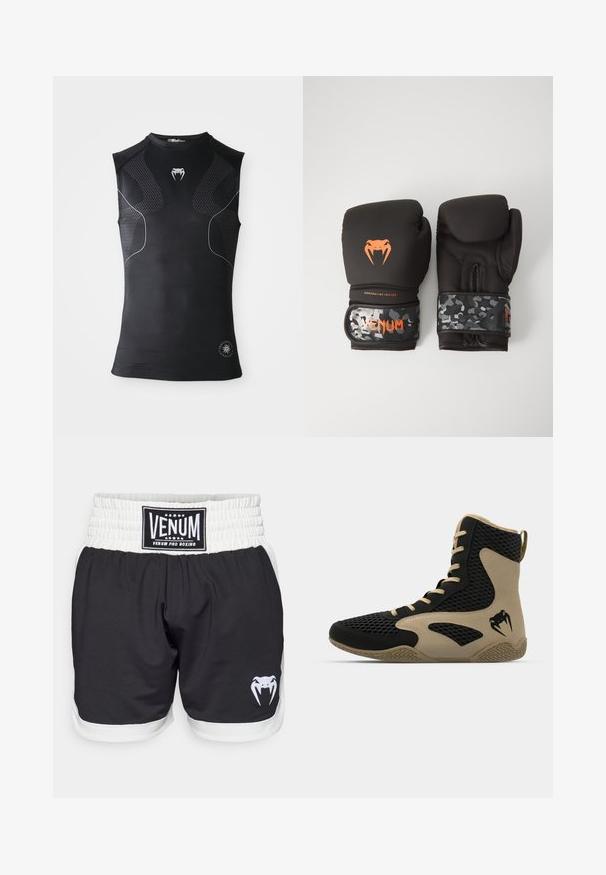 Majica bez rukava za sport iz crnog kompresivnog materijala s diskretnim uzorkom, mali bijeli logotip zmije na prsima i okrugli simbol blizu rubova.; Crne boksačke kratke hlače s bijelim pojasom, sa VENUM logotipom i bijelom grafikom zmije. Izrađene su od laganog, izdržljivog materijala.; Kožne visoke atletske tenisice s vanjskom mrežicom u crnoj boji i bež naglascima. Teksturirana gumena potplat i detalj s logotipom sa strane.; Crne kutije rukavice s mat površinom i ergonomskim dizajnom. Narančasti logotip i naramenice uzorak kamuflaže.