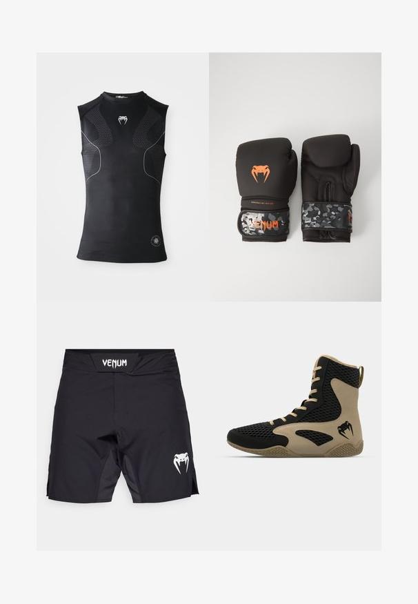 Mustaton urheilullinen kompressiotoppi ilman hihoja, jossa on hienovaraiset kuvioidut paneelit, pieni valkoinen käärmelogo rinnassa ja pyöreä emblem alhaalla.; Mustat urheilushortsit, joissa on tasainen vyötärönauha ja valkoinen "Venum"-logo sekä valkoinen käärme grafiikka alareunan oikealla puolella.; Korkean varren urheilukengät, joissa on musta verkkopinta beigeillä yksityiskohdilla. Hieman teksturoitu kumipohja ja logokuvaus sivussa.; Mustat nyrkkeilyhanskat, joissa on mattapinta ja ergonominen muotoilu. Oranssit logot yksityiskohtina ja maastokuvioidut rannekkeen hihnat.