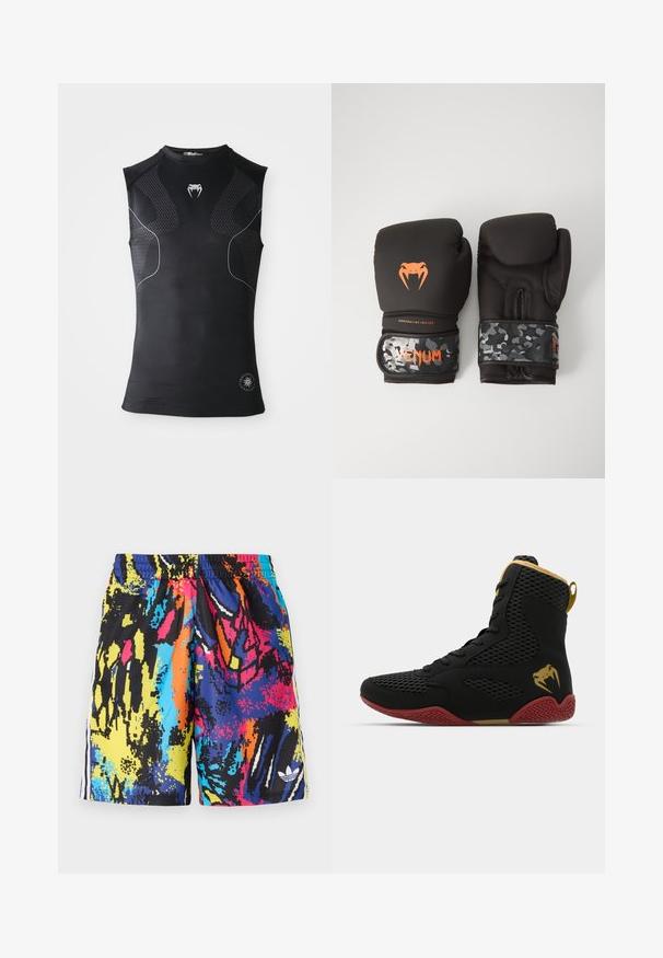 Canottiera nera sportiva senza maniche in tessuto compressivo, con pannelli a motivi discreti, piccolo logo di serpente bianco sul petto e simbolo circolare vicino all'orlo.; Costumi da bagno multicolore con un motivo astratto nei colori nero, blu, giallo, rosa e arancione. Vita elasticizzata con righe laterali.; Scarpa sportiva alta in mesh nero e materiale sintetico, con dettagli testurizzati, suola in gomma rossa e rifiniture dorate sulla caviglia.; Guanti da boxe neri con finitura opaca e design ergonomico. Dettagli del logo arancione e cinturini per il polso a motivo camouflage.