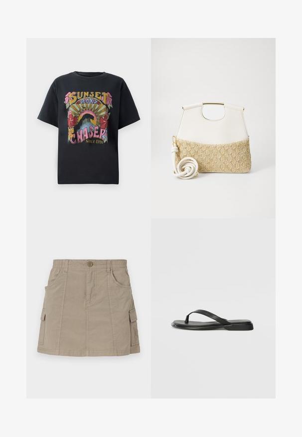 Schwarzes Baumwoll-T-Shirt mit einem bunten Graf design, das Blumen, Sonnenstrahlen und den Text "SUNSET ROXY CHASER Since 1990" deutlich zeigt.; Khakifarbenem Cargo-Rock mit einem Taillenbund, frontalen Taschen und seitlichen Cargo-Taschen. Hergestellt aus einem leichten Stoff mit glatter Textur.; Schwarze Flip-Flops aus glattem Leder, mit einem dünnen Riemendesign und einer flachen Sohle mit minimalem Profil. Keine bemerkenswerten Muster oder Akzente.; Weiße Lederhandtasche mit einem strukturierten cremefarbenen gewebten Stoffboden. Verfügt über einen goldfarbenen Griff und einen gewickelten weißen Trageriemen für Vielseitigkeit.