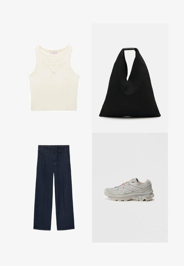 Krémová bezramienková blúzka so kvetinovým vystrihom v strede. Vyrobená z textúrovanej pleteniny s priliehavým strihom.; Tmavomodré riflové nohavice so širokými nohavicami a vysokým pásom, ktoré majú dve predné vrecká a šité detaily pozdĺž švov.; Svetlošedá športová obuv s texturovaným sieťovinovým zvrškom, reflexnými akcentmi, výraznou podrážkou a farebnými šnúrkami. Má podpůrny dizajn.; Čierna textilná taška s unikátnym V-tvarom a hladkou textúrou. Obsahuje krátku rúčku s minimalistickými kovovými detailmi.