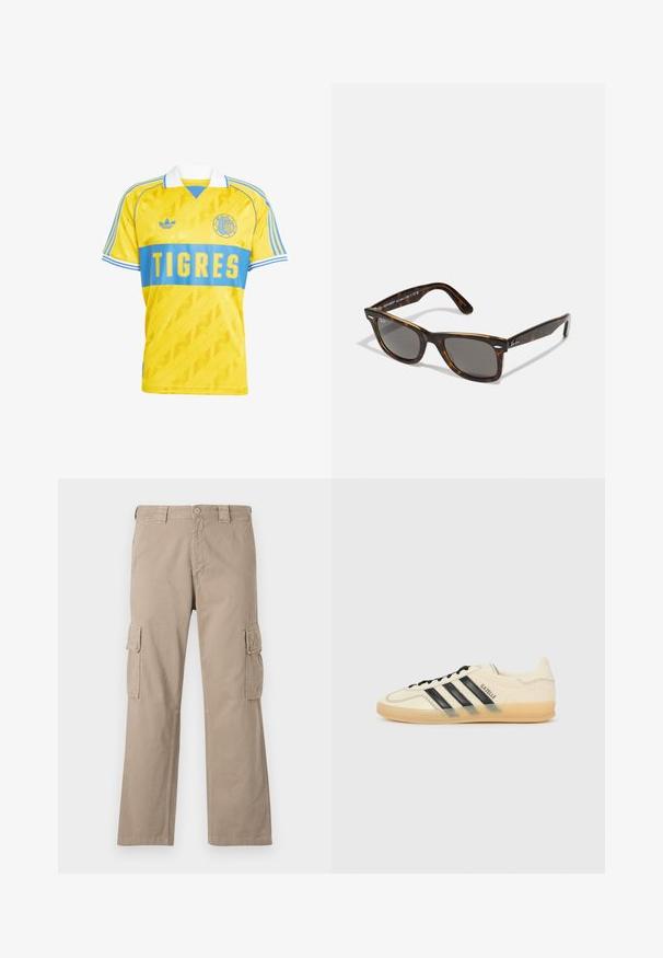 Tricou de fotbal galben cu dungi orizontale albastre, cu textul „TIGRES” și un logo brodat, precum și accente cu dungi pe umăr. Fabricat dintr-un material neted.; Pantaloni cargo bej din bumbac, cu un design cu picior drept, având două buzunare cargo pe laterale și închidere cu nasture la talie.; Tenis cu crem deschis, cu design cu trei dungi negre, parte superioară texturată, vârf rotund și talpă din cauciuc. Include șireturi și branding pe lateral.; Ochelari de soare cu montură din scoică de țestoasă, cu lentile gri și ramă pătrată, prezentând accente metalice pe brațe și logo-ul inclus în design.