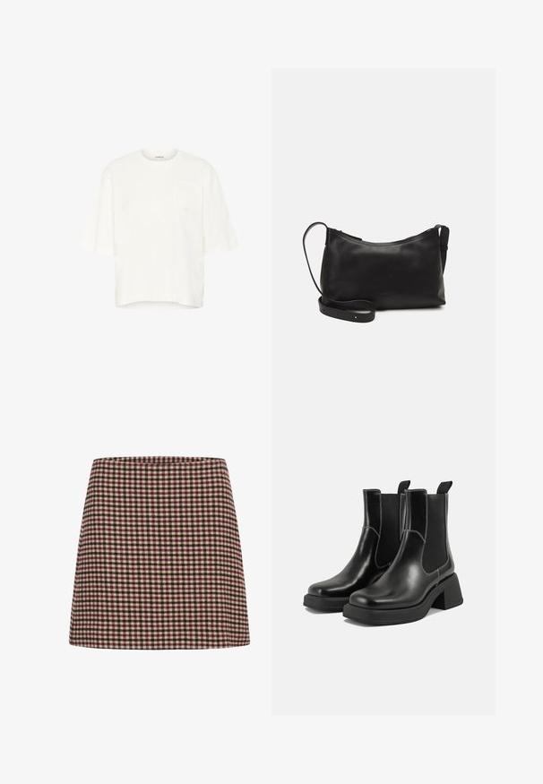 T-shirt en coton blanc à manches courtes, col rond et écusson en relief sur la poitrine gauche, présentant une silhouette oversized.; Une mini jupe à carreaux rouge et crème avec une silhouette droite et un tissu texturé. Aucune fermeture ni embellissement visible.; Bottes Chelsea en cuir noir avec un talon épais, des panneaux latéraux élastiques et des coutures blanches contrastantes. Fini texturé.; Sac à épaule en cuir noir avec une texture lisse, une forme courbée, une bandoulière ajustable et une fermeture éclair. Design minimaliste sans embellissements.