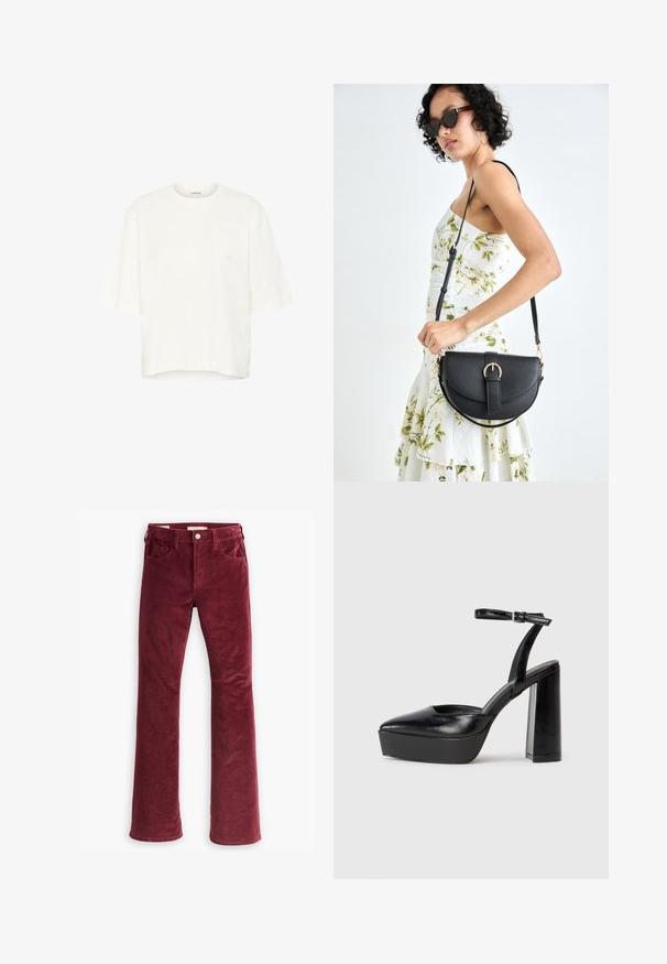 Bijela pamučna majica s kratkim rukavima, okruglim izrezom i teksturiranim logotipom na lijevoj strani prsnog koša, sa kutijastim siluetom.; Levi's® 726™ FLARE - Trapezaste traperice - windsor wine; Crne platforme s potpeticom s oštrim vrhom i podešivom naramenicom. Izrađene od glatke kože, s masivnom blok petom.; Crna kožna torba s lukovitim oblikom, odvojivim remenom i zlatnim detaljima. Torba ima preklop s kopčom.